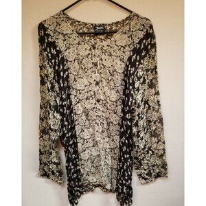 Zashi Top Women's Large Black Floral Rayon Button-Up Sheer Blouse Long Sleeves